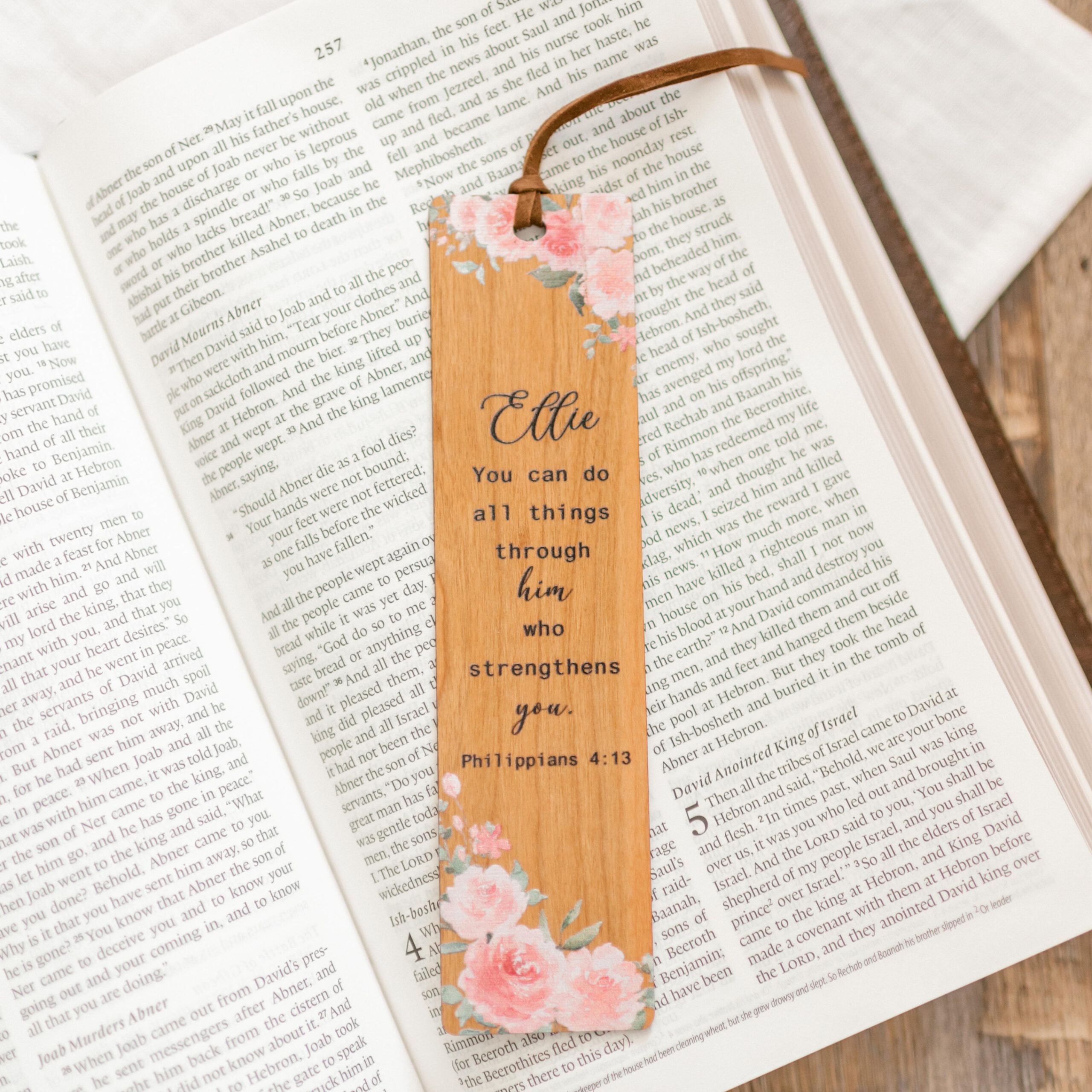 pink rose wooden bookmark
